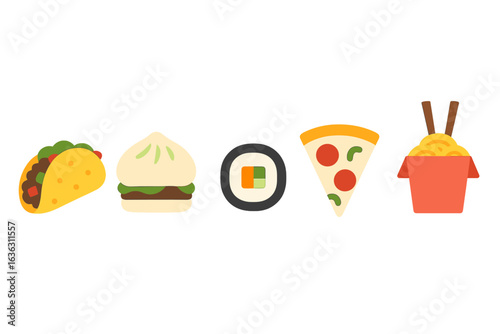 Popular street foods from around the world showcased in a colorful arrangement depicting various cuisines