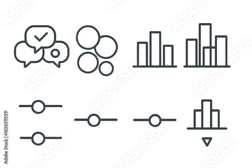 Variety of icons representing communication, data visualization, and controls in modern user interface design