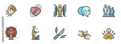 Conflict Resolution Icons:  A Diverse Set of Flat-Style Illustrations Depicting Violence, Breakup, Anger, and Communication Breakdown, Ideal for Websites, Apps, and Presentations.