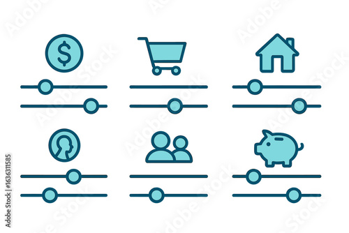 Visual representation of financial concepts and user preferences with icons illustrating money, shopping, housing, and savings