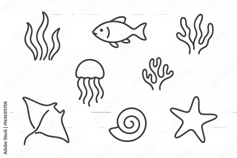 Fototapeta premium Underwater life illustrations featuring fish, jellyfish, and marine plants in a simplistic style
