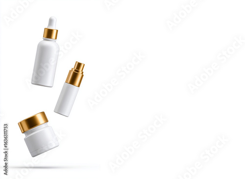 A minimalist vision of skincare alchemy: three unbranded white cosmetic vessels—dropper bottle, sleek jar, and fine mist spray—suspended weightlessly in mid-air.