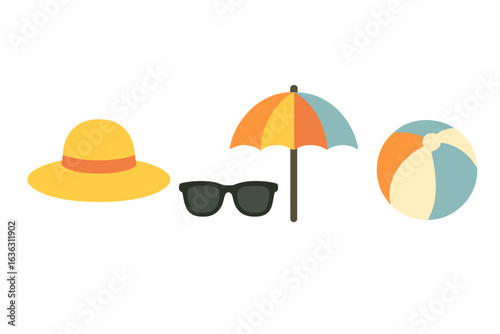 Summer beach essentials include a sun hat, sunglasses, beach umbrella, and colorful beach ball for the perfect sunny day