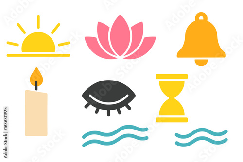 Symbolic representation of mindfulness and meditation elements featuring a sunrise, lotus flower, bell, candle, eye, and hourglass