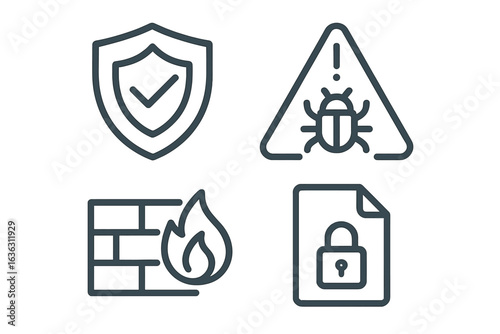 Collection of security icons representing cybersecurity measures and threats for digital safety