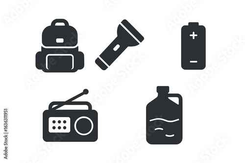 Essential camping gear for outdoor adventures including backpack, flashlight, batteries, radio, and water container