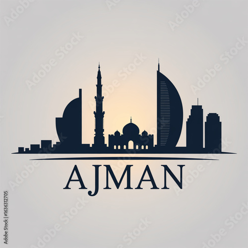 Ajman Skyline Silhouette - United Arab Emirates City with Coastal Heritage and Modern Gulf Architecture Vector Illustration