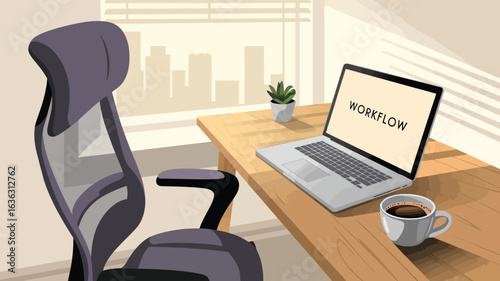 Modern office desk with laptop displaying “WORKFLOW,” coffee cup, plant, and city view, symbolizing productivity, remote work, and focus
