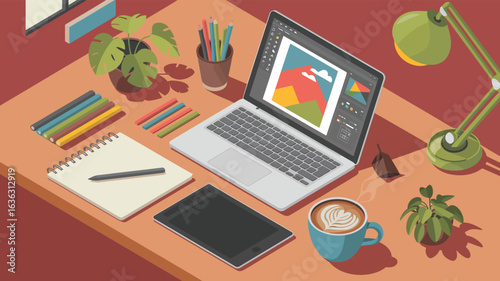 Creative workspace with laptop showing mountain design, tablet, notebook, coffee, and art supplies, symbolizing digital creativity and focus