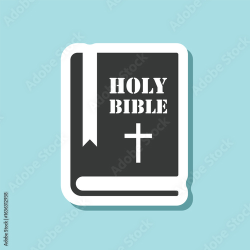 Holy bible sticker icon in flat style. Christianity book vector illustration on isolated background. Religion sign business concept.