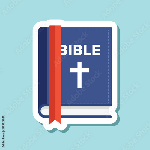 Holy bible sticker icon in flat style. Christianity book vector illustration on isolated background. Religion sign business concept.