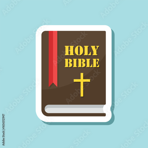 Holy bible sticker icon in flat style. Christianity book vector illustration on isolated background. Religion sign business concept.