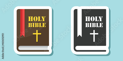 Holy bible sticker icon in flat style. Christianity book vector illustration on isolated background. Religion sign business concept.