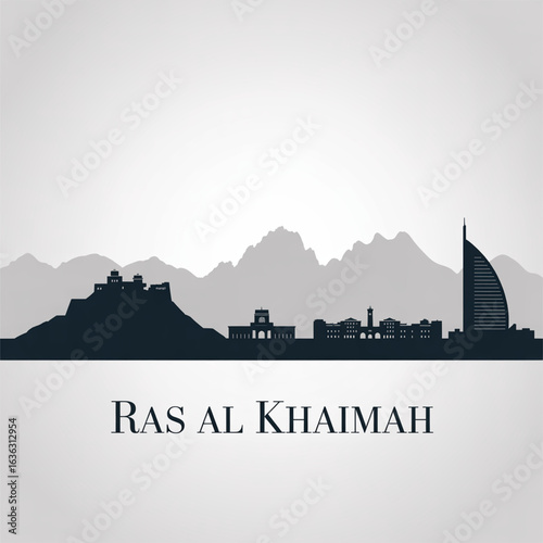 Ras Al Khaimah Skyline Silhouette - United Arab Emirates City with Historic Forts and Majestic Mountain Backdrop Vector Illustration