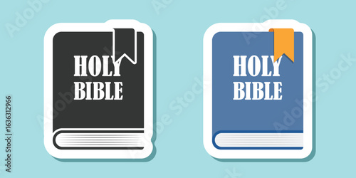 Holy bible sticker icon in flat style. Christianity book vector illustration on isolated background. Religion sign business concept.