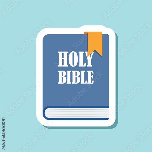 Holy bible sticker icon in flat style. Christianity book vector illustration on isolated background. Religion sign business concept.