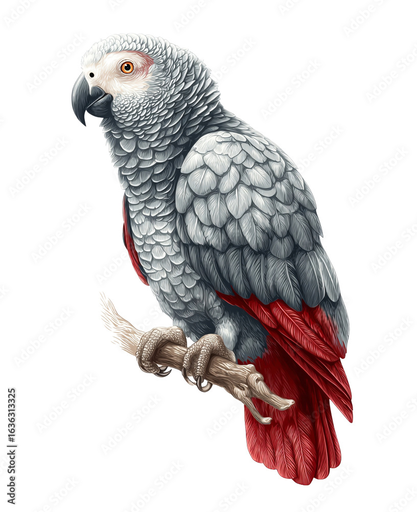 Obraz premium African grey parrot perched on a branch isolated on transparent background, showcasing its grey plumage with red tail feathers