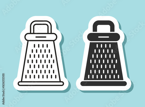 Grater sticker icon in flat style. Cookery vector illustration on isolated background. Kitchen utensils sign business concept.