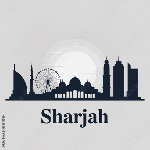 Sharjah City Skyline Silhouette - Cultural Capital of the UAE with Iconic Mosques and Modern Architecture Vector Illustration