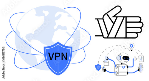 Shield labeled VPN encircled by orbit lines over a globe, robot managing security with AI tools, thumbs-up gesture. Ideal for technology, internet safety, cybersecurity, AI, automation, connectivity