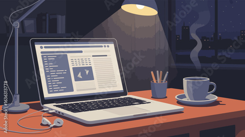 Nighttime desk setup with laptop, coffee, lamp, and earphones, showing cozy workspace for remote work, planning, or digital productivity