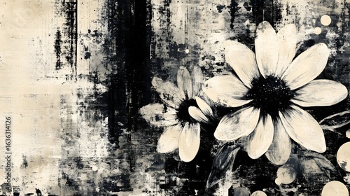 Close up of a single white daisy flower blooming against a moody textured black and white grunge background  The natural organic floral element creates a serene minimalist and visual composition