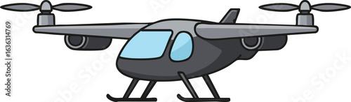A modern VTOL aircraft, resembling a drone or air taxi, is depicted in a clean, cartoonish style against a white background.