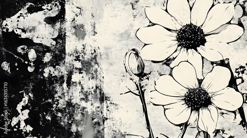 Delicate ethereal monochrome floral blossoms set against a moody grungy textured backdrop  elegant botanical composition with high contrast black and white tones