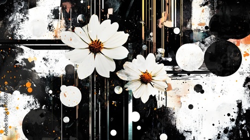 Delicate white daisy flowers in full bloom against an nature background with abstract splatters blots and dots in black white and vibrant colors