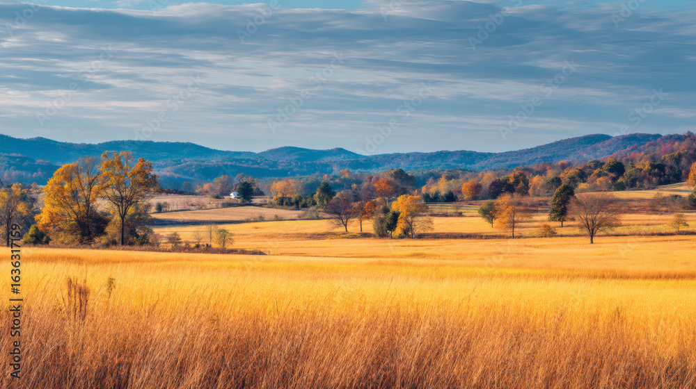 Fototapeta premium A wide, golden-hued autumn landscape with rolling hills and scattered trees covered in fall foliage. The soft sunlight creates a warm atmosphere, perfect for capturing the beauty of the season.