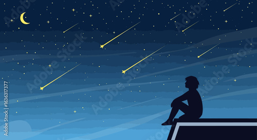 Silhouette of a person gazing at shooting stars under a crescent moon