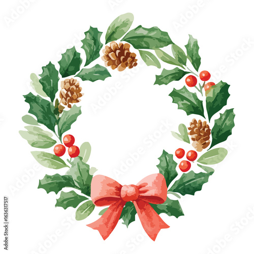 Christmas Wreath with red ribbon and green leaves