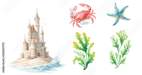 Sand castle is shown in the background with a crab and a starfish