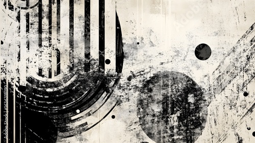 Dramatic abstract background with a grungy distressed texture featuring dark geometric shapes paint splatters and overlay effects  The composition has a moody industrial and modern aesthetic