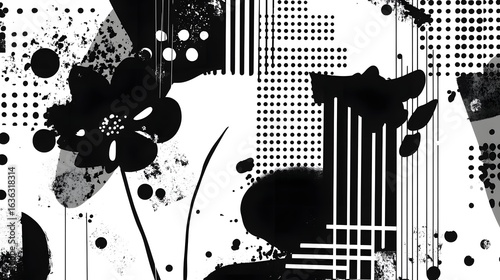 Dramatic abstract background with bold monochrome ink splatter textures fluid silhouetted shapes and dynamic geometric elements  This striking visual design creates a moody contemporary