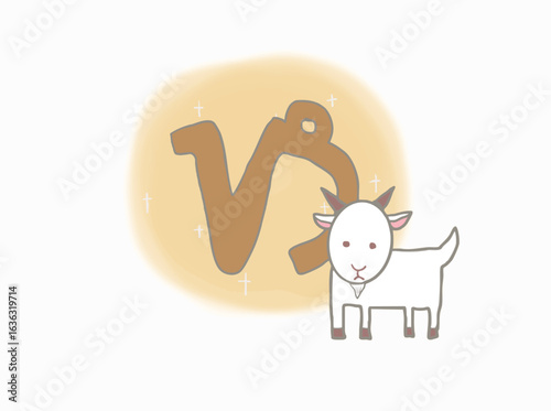 A gold shining Capricorn symbol and an illustration of a goat
