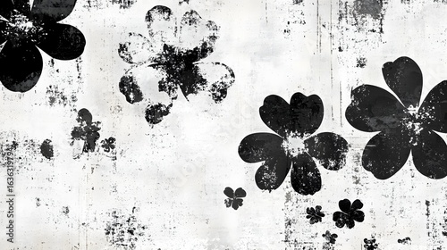 Dramatic abstract floral silhouettes in black and white against a grunge textured distressed and moody monochrome background  This striking contemporary and edgy image has a gothic vintage and feel