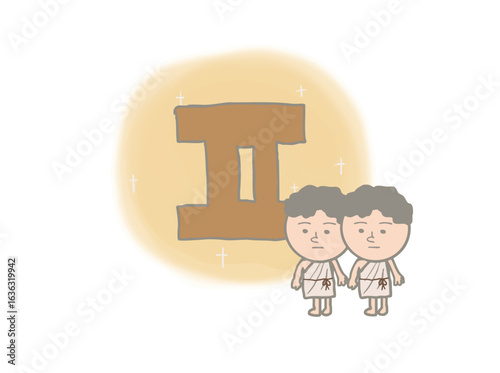 Illustration of twins lined up with the 12 zodiac signs of Gemini shining in gold