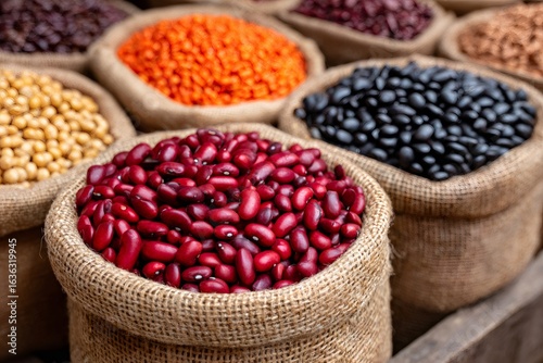 Various legumes displayed in burlap sacks at market stall