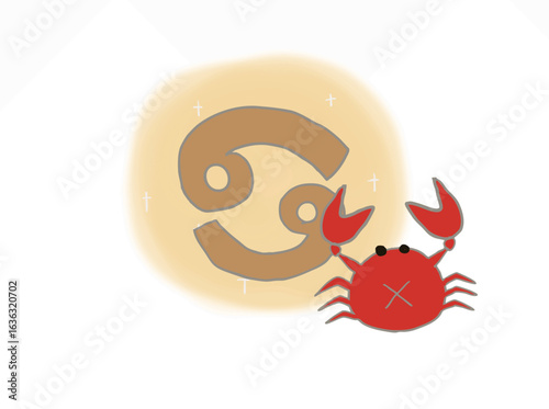 Illustration of a shining gold Cancer sign and crab, one of the 12 zodiac signs