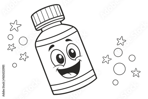 Coloring Pages, cartoon multivitamin drink bottle with happy face, colorless, uncolored, black and white for coloring book, coloring page, kids