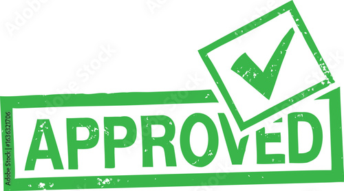 Green Approved Stamp with Check Mark in Square, Distressed Style on White Background