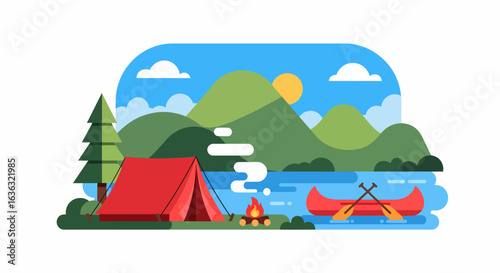 Stylized Camping Scene with Red Tent, Canoe, Campfire, and Mountain Backdrop