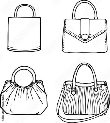 Black and white drawing of four handbag styles: tote, flap, slouchy with gathered fabric, and pleated with shoulder strap