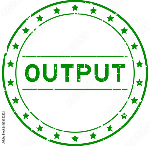 Grunge green output word round rubber seal stamp on white background