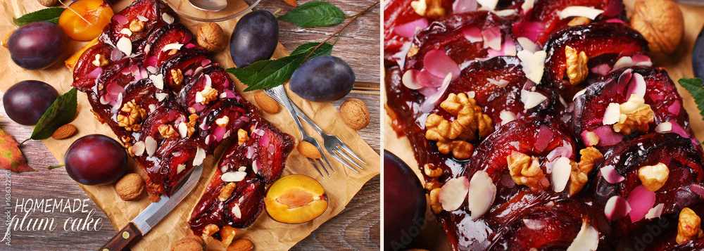 Fototapeta premium Banner with homemade plum cake and fresh fruits in top view