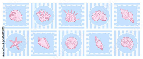 Hand-drawn pink seashell icons, marine life line drawing elements on blue striped background set. Scalloped frames cards in a nautical decorative style. Ocean art print covers.