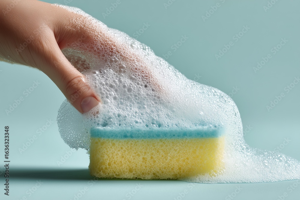 Fototapeta premium Hand holding a sponge with thick soap foam.