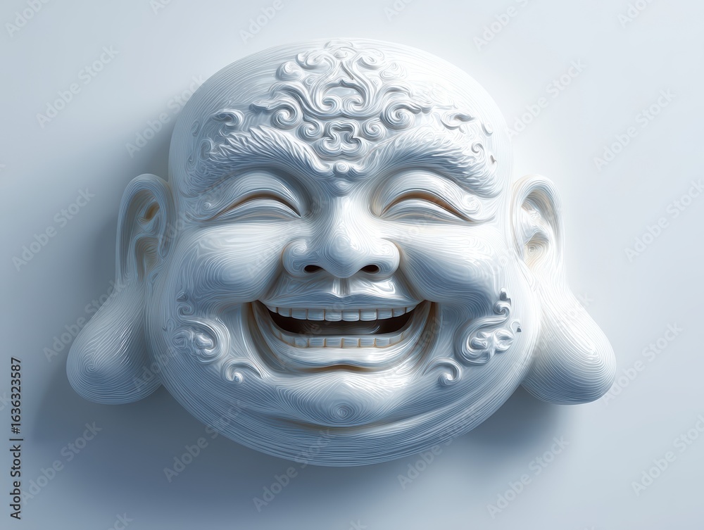 Naklejka premium Serene Smiling Buddha Face 3D Rendered White Sculpture