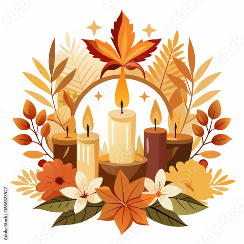 All Saints Day Candles and Floral Arrangement Vector Illustration Isolated on White